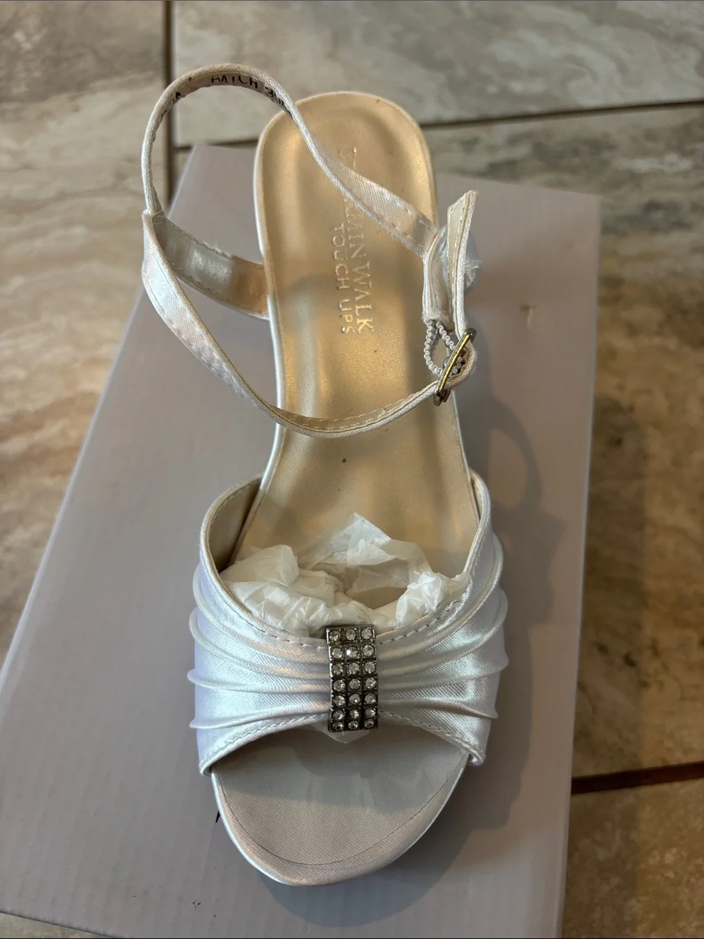 Benjamin Walk White Satin Slingback Heels with Rhinestone Accent
